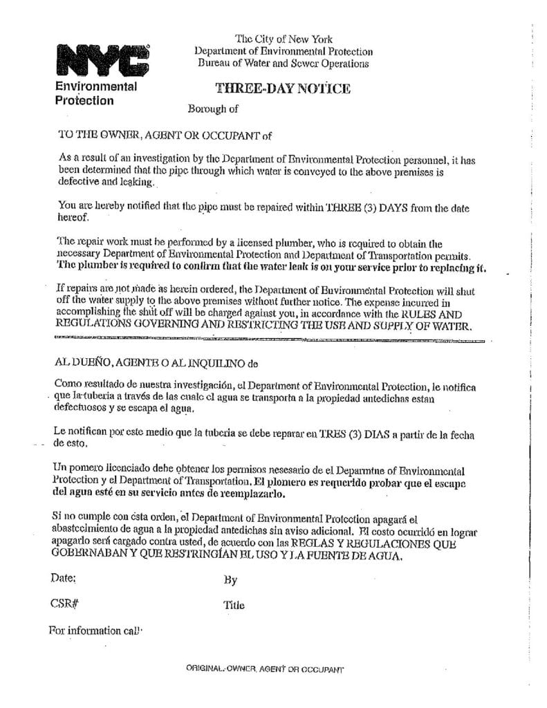 Sample 3 day notice from DEP
